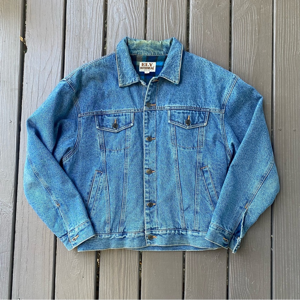 Ely Cattleman Jacket Mens L Blue Jean Denim Western Trucker Plaid Fleece Lined